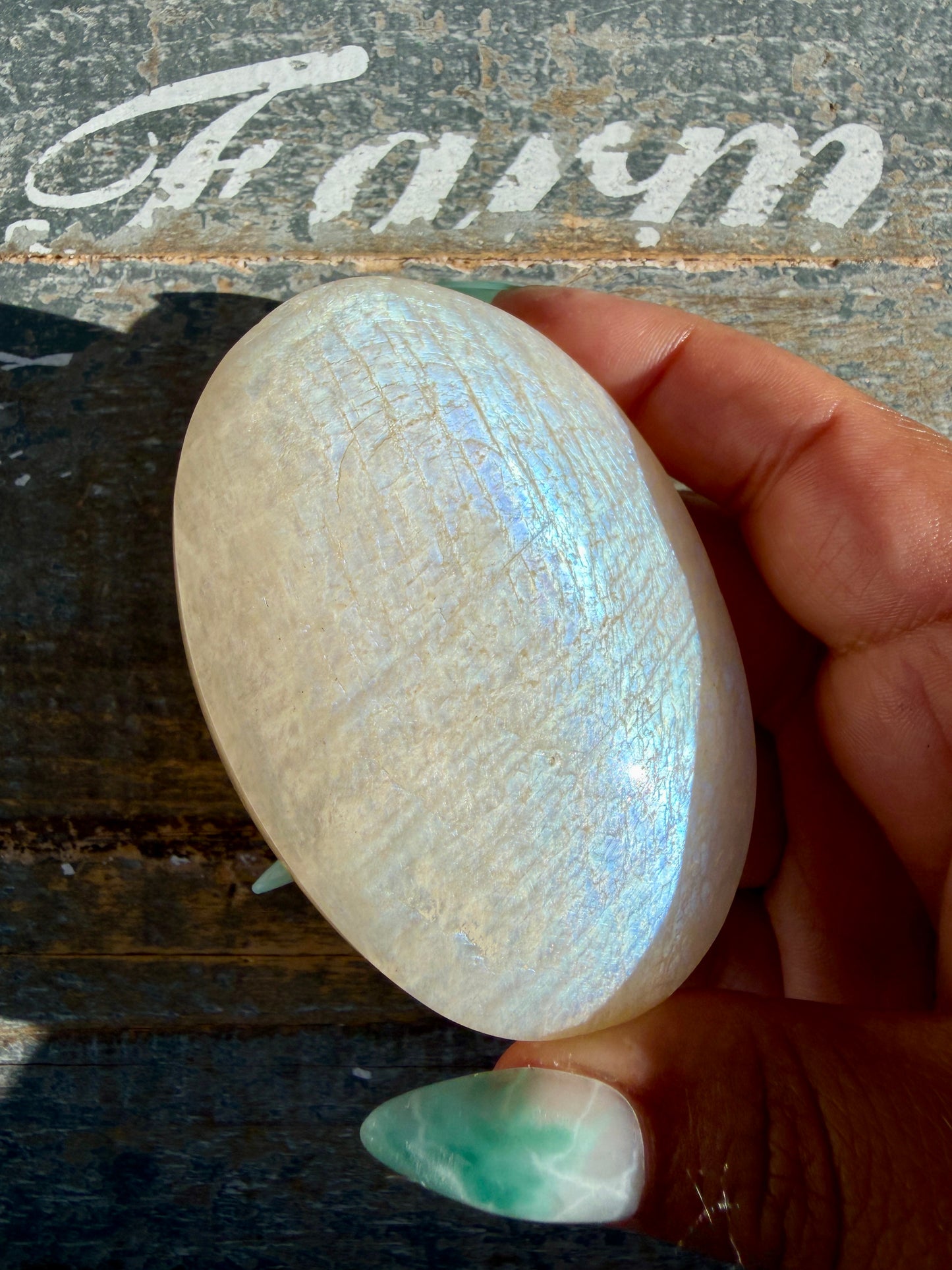 Gorgeous Blue Flash White Moonstone Palm Stone | India | Opt H