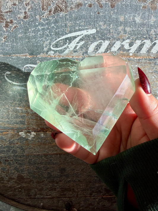 Gorgeous Faceted Green Fluorite Heart from Mexico | Free Gold Stand | Opt 18