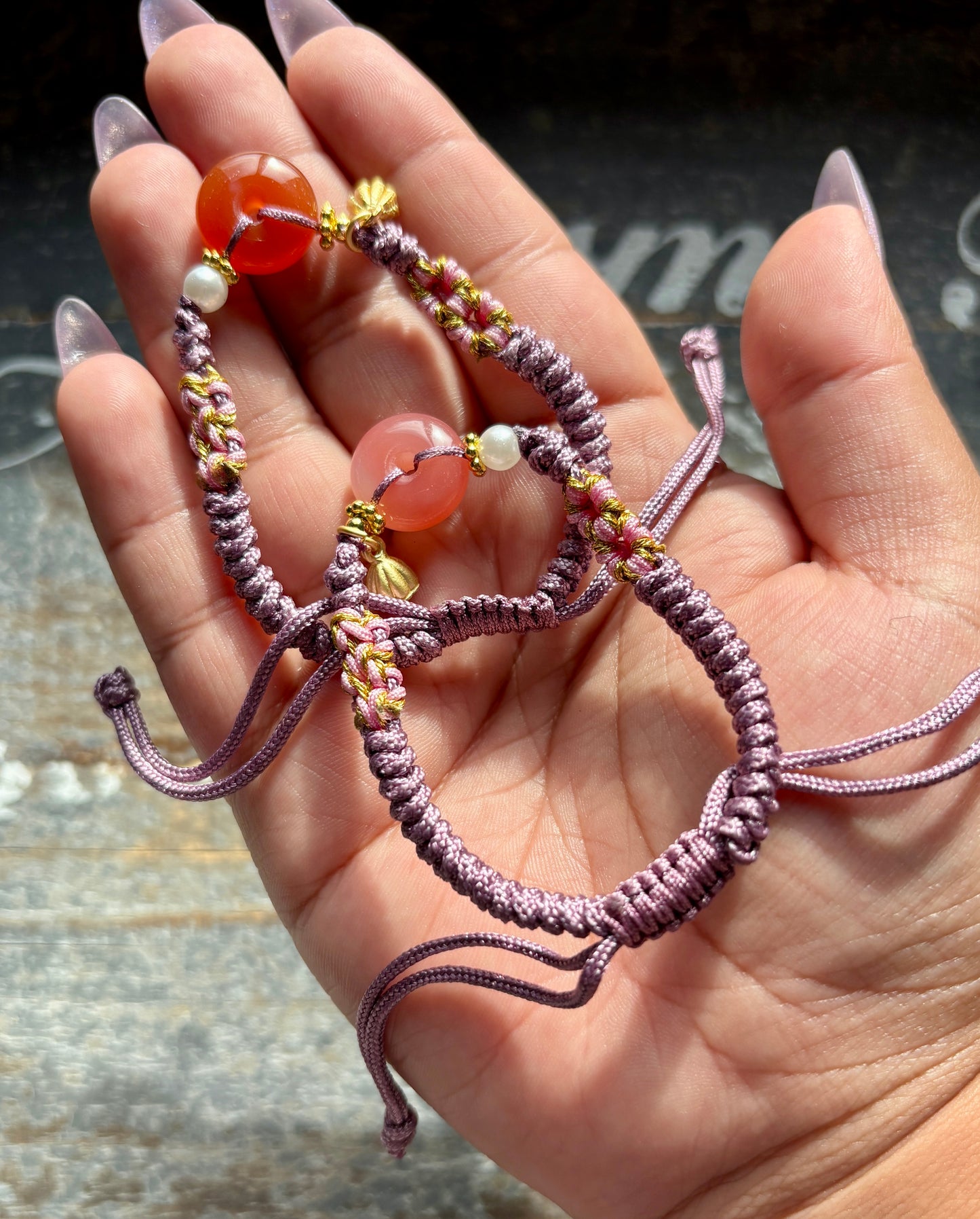 One (1) Gorgeous Fully Adjustable Macrame Bracelet with Pink/Red Agate Bead