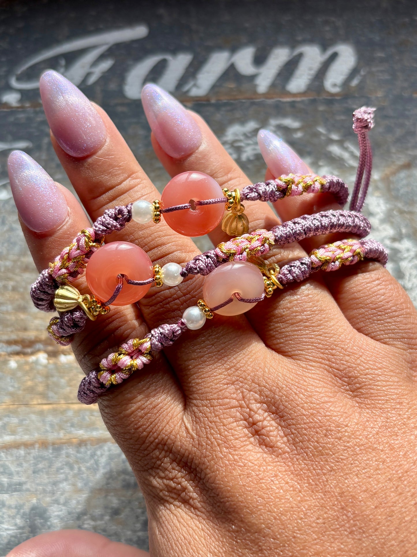 One (1) Gorgeous Fully Adjustable Macrame Bracelet with Pink/Red Agate Bead