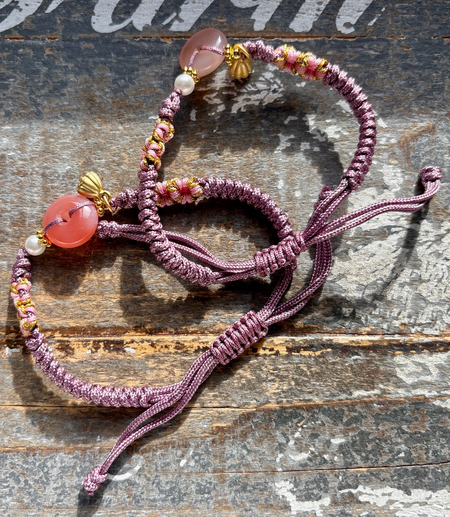 One (1) Gorgeous Fully Adjustable Macrame Bracelet with Pink/Red Agate Bead