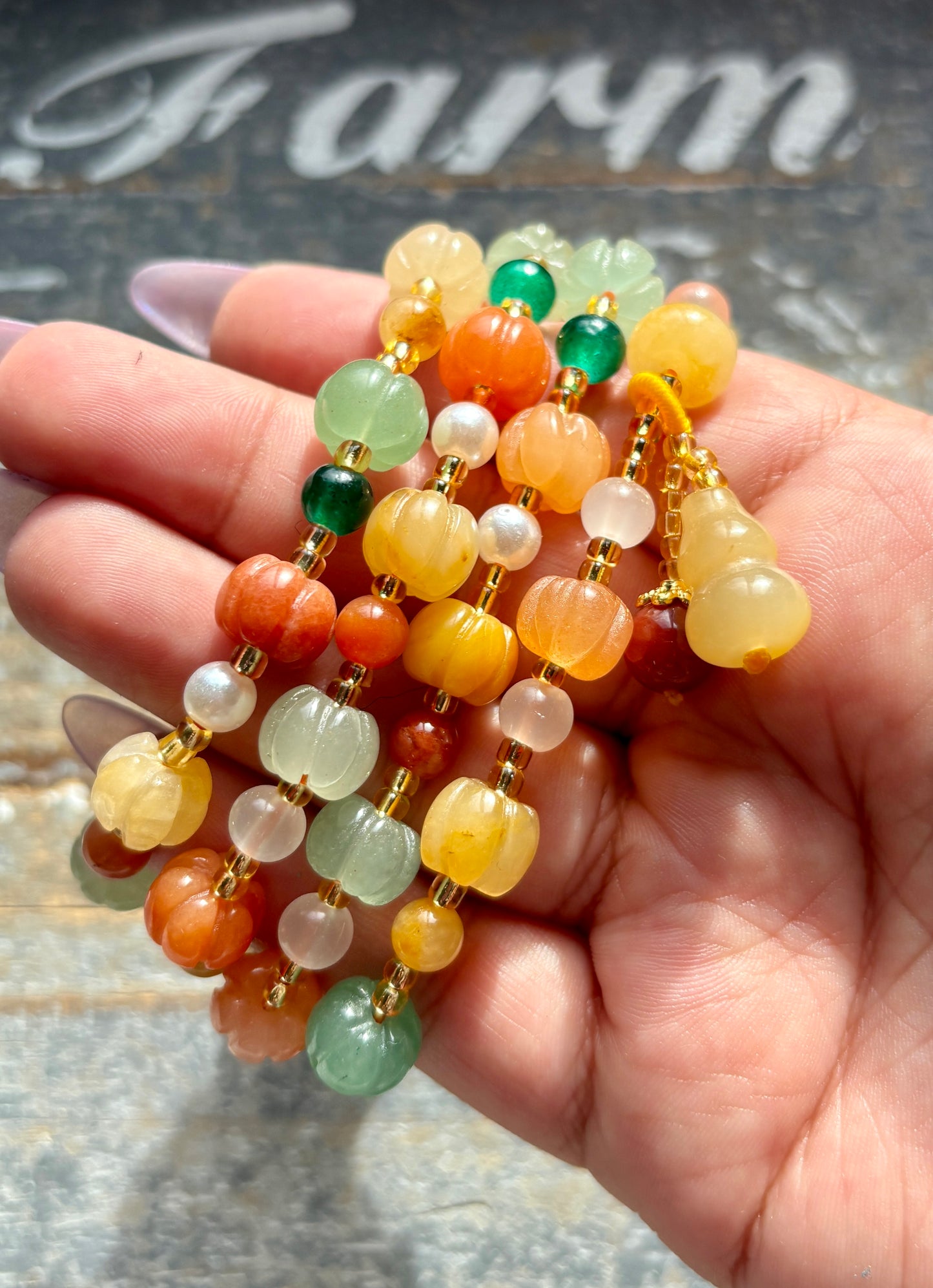 One (1) Gorgeous Colorful Agate Pumpkin Bead Bracelet | Small Wrist Size