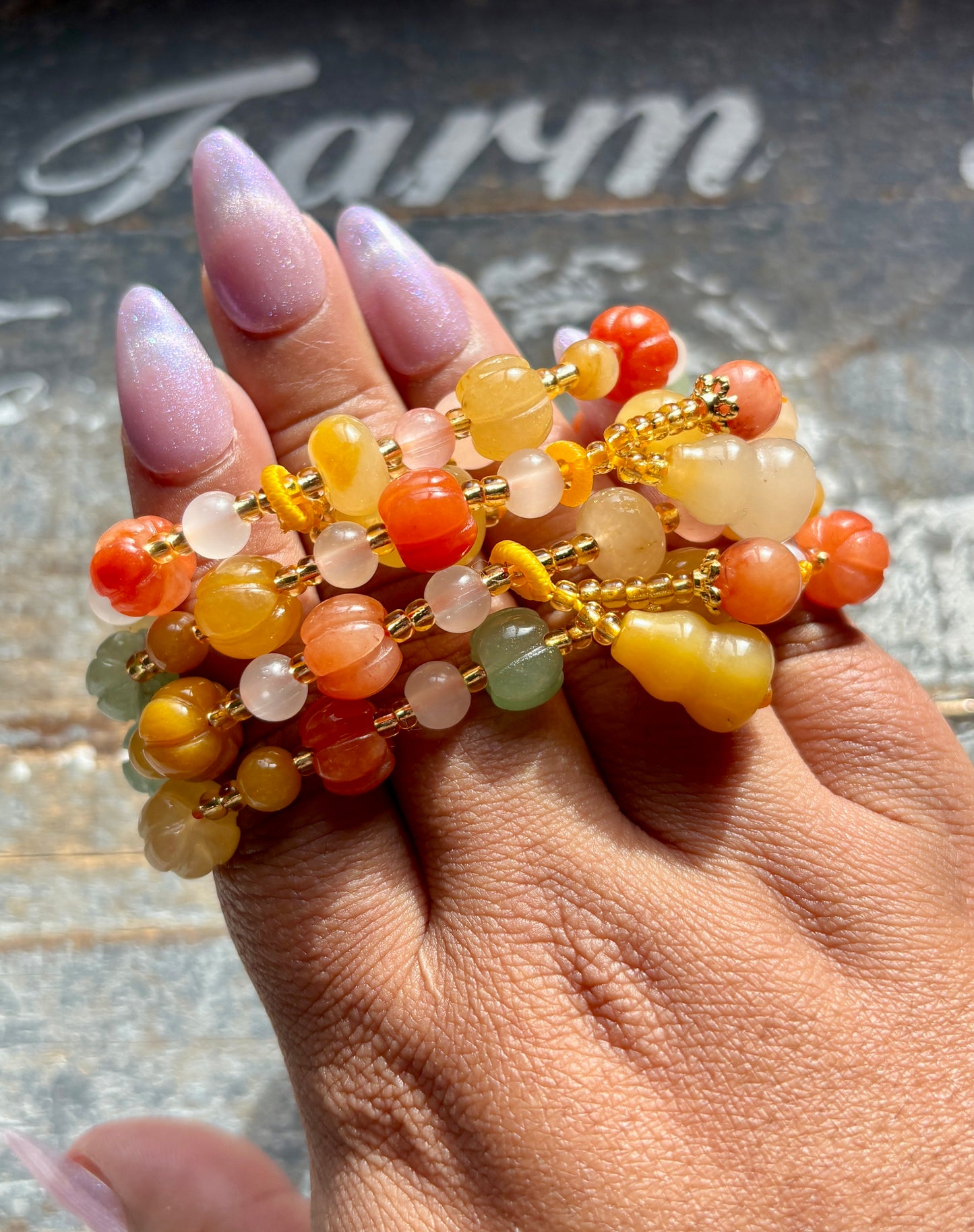 One (1) Gorgeous Colorful Agate Pumpkin Bead Bracelet | Small Wrist Size