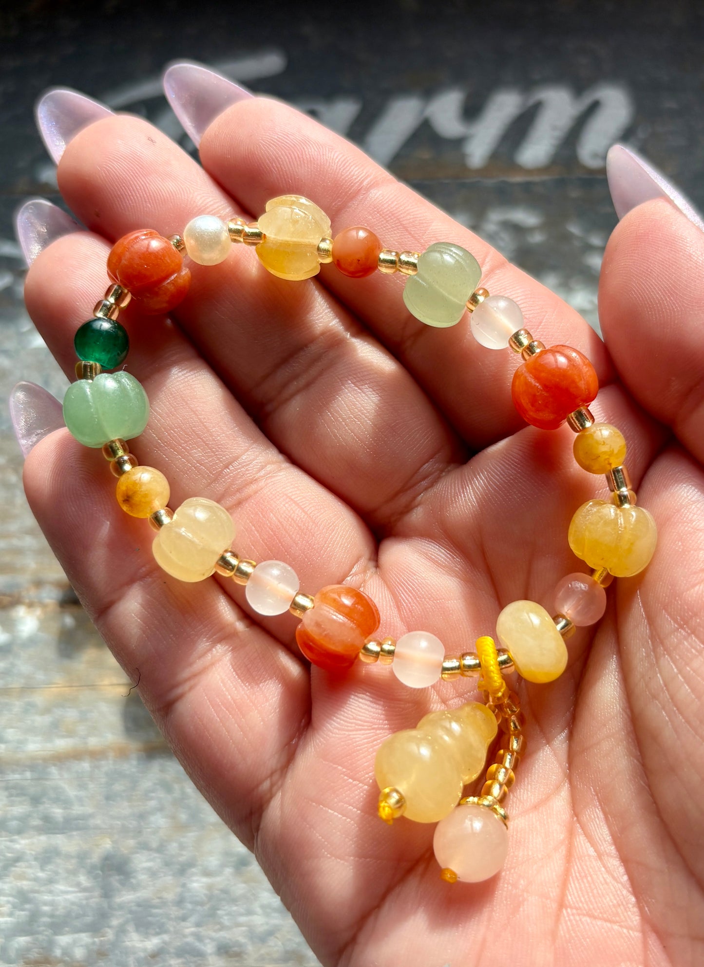 One (1) Gorgeous Colorful Agate Pumpkin Bead Bracelet | Small Wrist Size