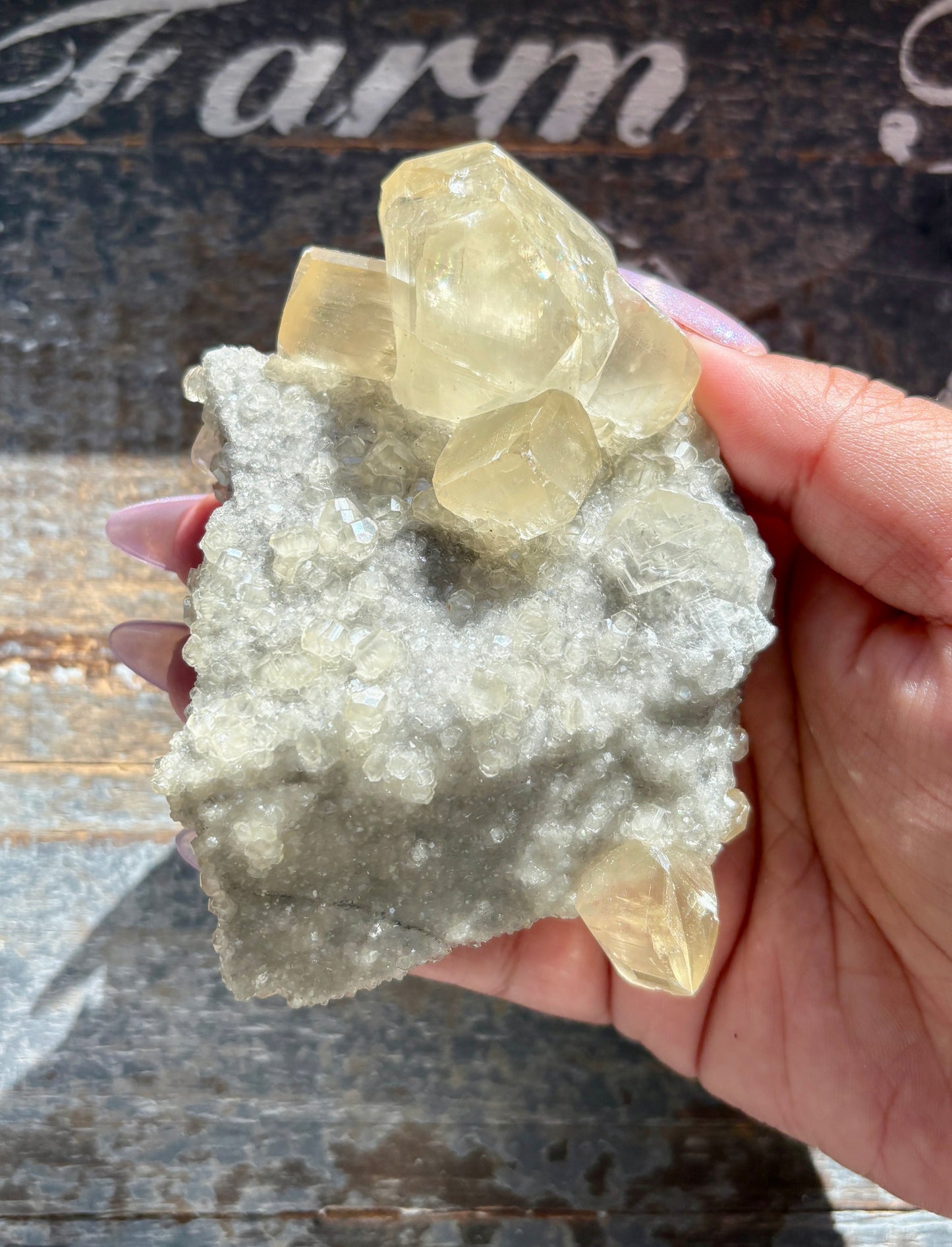 Gorgeous Honey Calcite with White Druzy Specimen