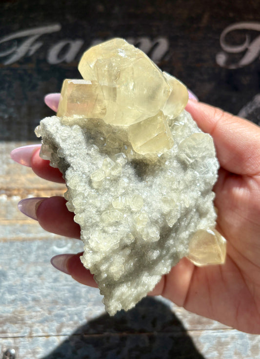 Gorgeous Honey Calcite with White Druzy Specimen