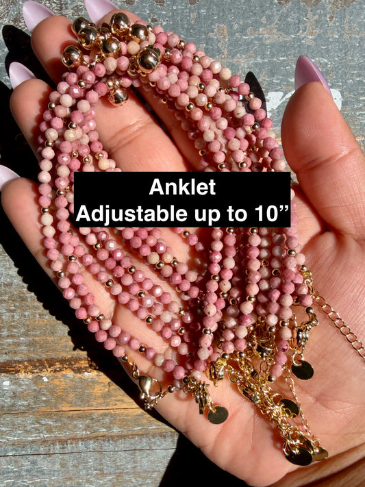 Micro Faceted Pink Petrified Wood Beaded ANKLET | 2-3 mm | Adjustable up to 10"