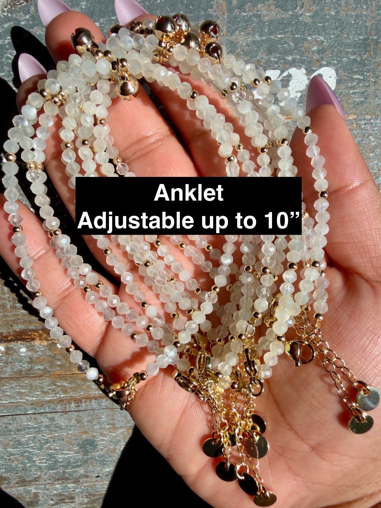 Micro Faceted White Moonstone Beaded ANKLET | 2-3 mm | Adjustable up to 10"