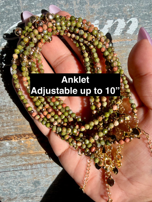 Micro Faceted Unakite Beaded ANKLET | 2-3 mm | Adjustable up to 10"