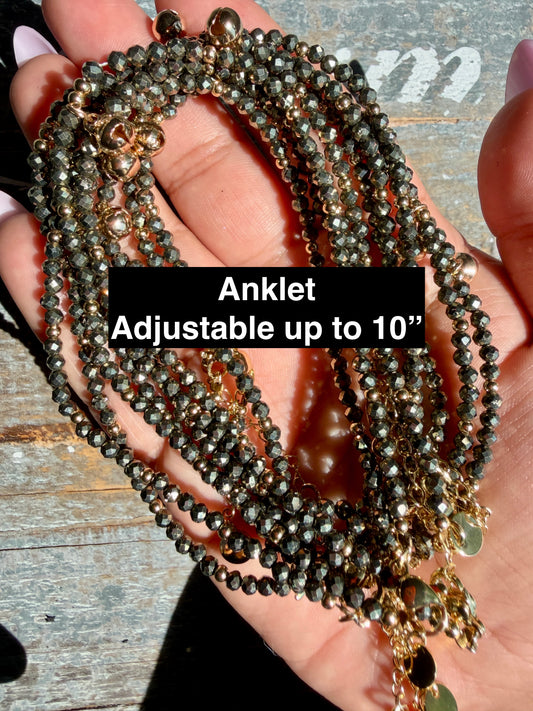 Micro Faceted Pyrite Beaded ANKLET | 2-3 mm | Adjustable up to 10"