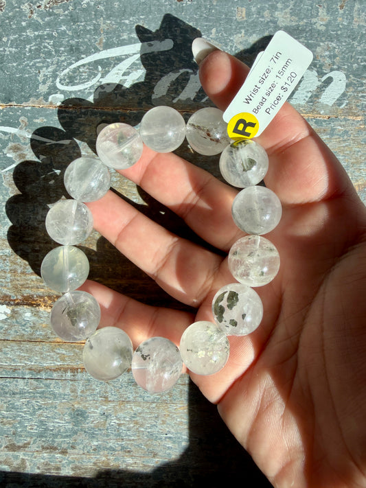 Pyrite in Girasol Quartz Bracelet | Opt R | Wrist Size: 7" | Bead Size: 15mm