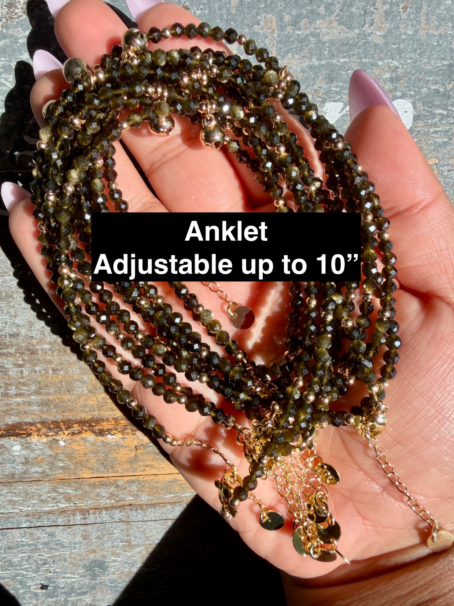 Micro Faceted Golden Obsidian Beaded ANKLET | 2-3 mm | Adjustable up to 10"