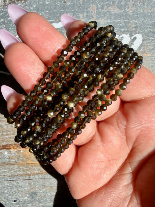 Micro Faceted Golden Obsidian Beaded BRACELET | 1-2 mm | Adjustable up to 8"