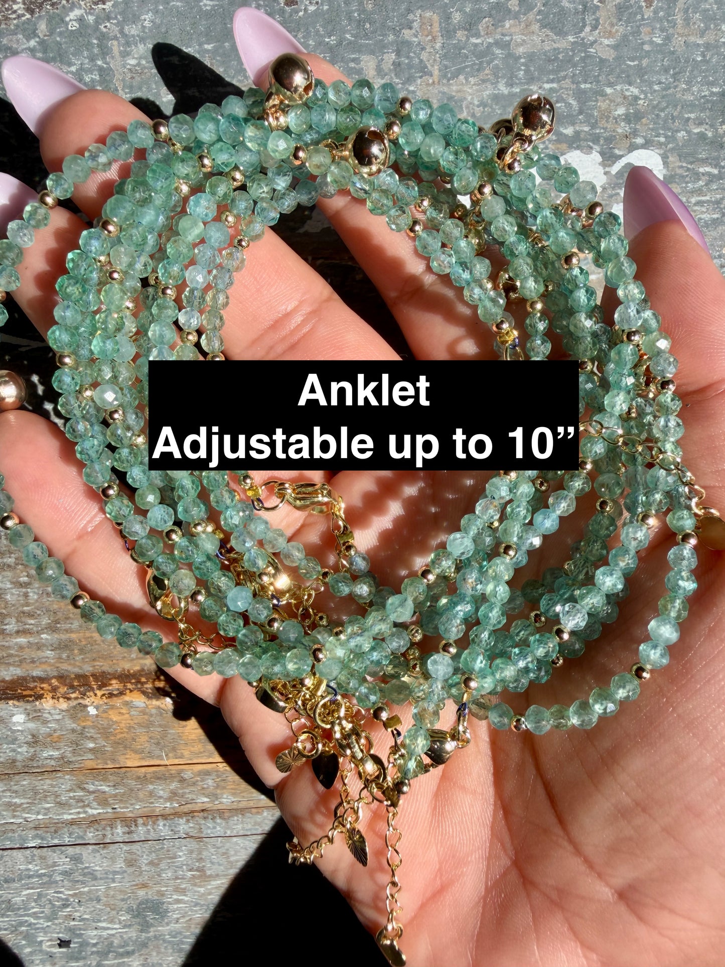 Micro Faceted Blue/Green Apatite Beaded ANKLET | 2-3 mm | Adjustable up to 10"