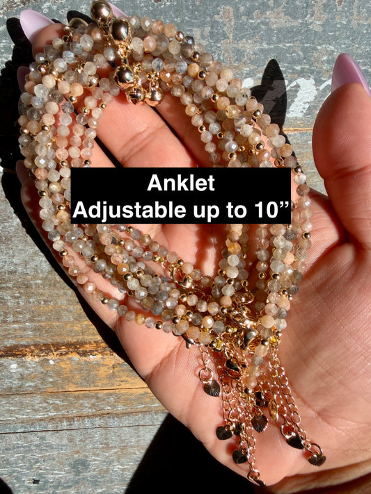 Micro Faceted Skeleton Moonstone Beaded ANKLET | 2-3 mm | Adjustable up to 10"