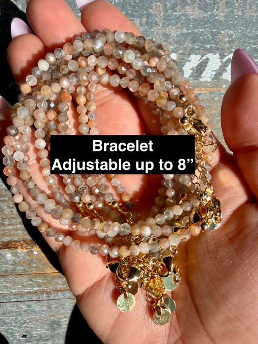 Micro Faceted Skeleton Moonstone Beaded BRACELET | 1-2 mm | Adjustable up to 8"