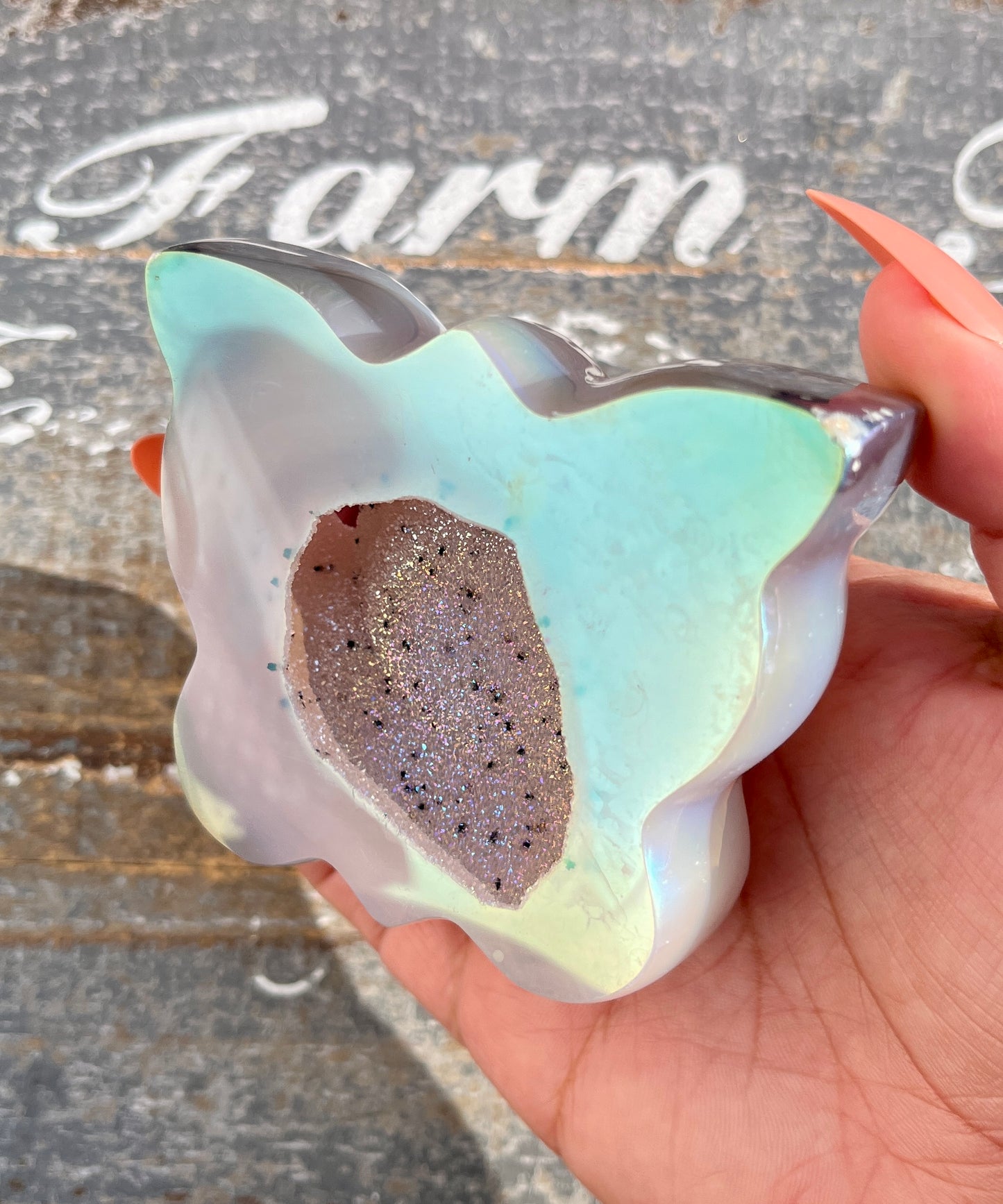 Gorgeous High Quality Aura Agate Druzy Butterfly Carving from Brazil