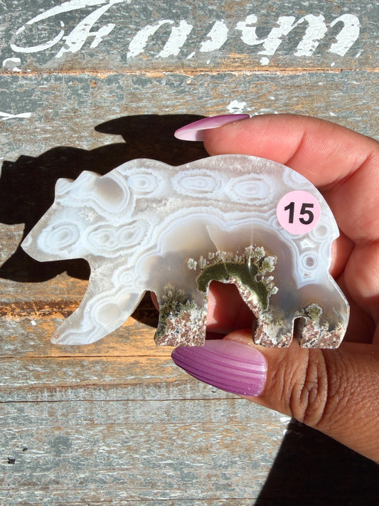 Gorgeous Indonesian Scenic Moss Agate BEAR Carving | Opt 15