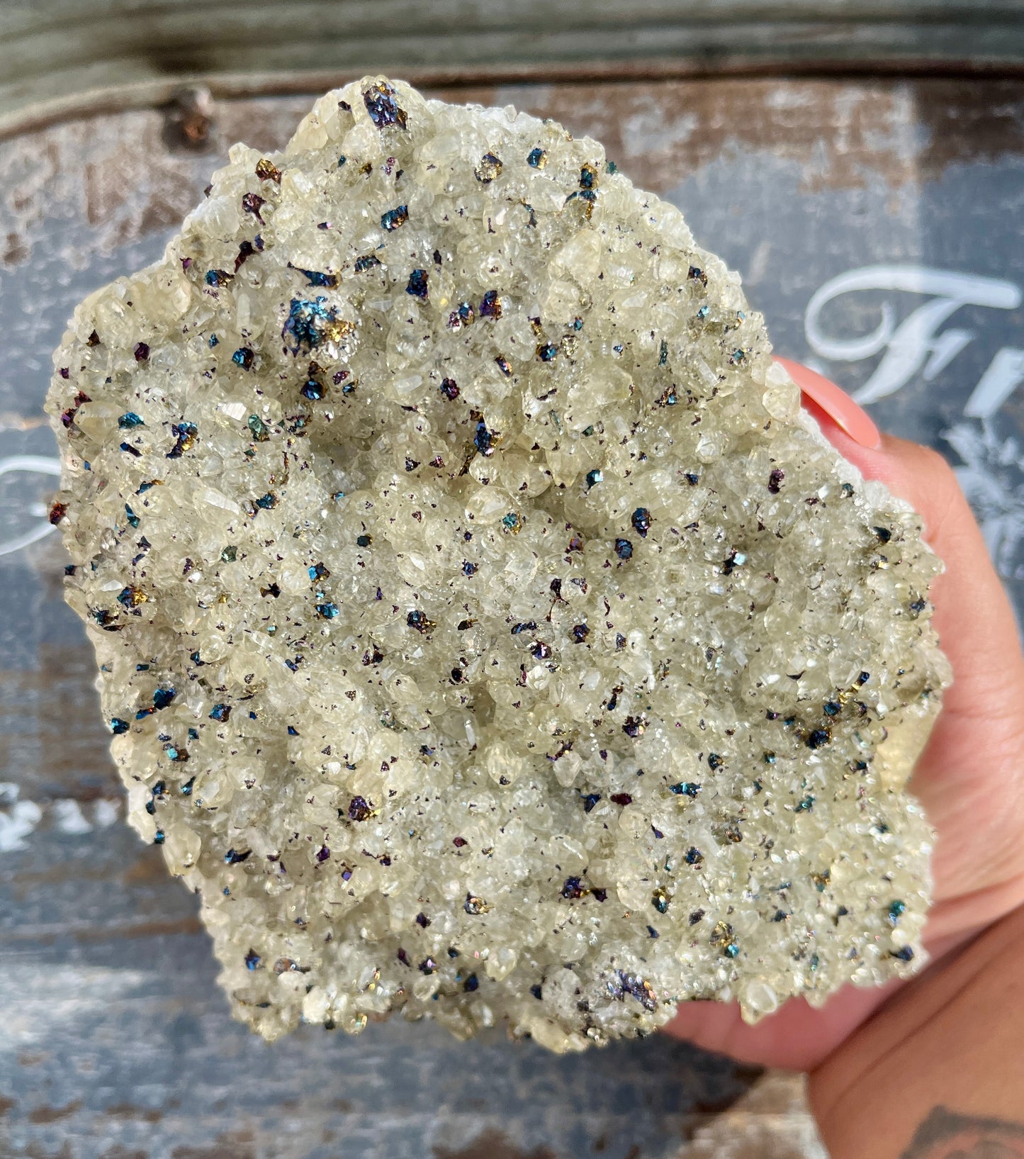 Gorgeous Calcite with Rainbow Chalcopyrite Raw Specimen