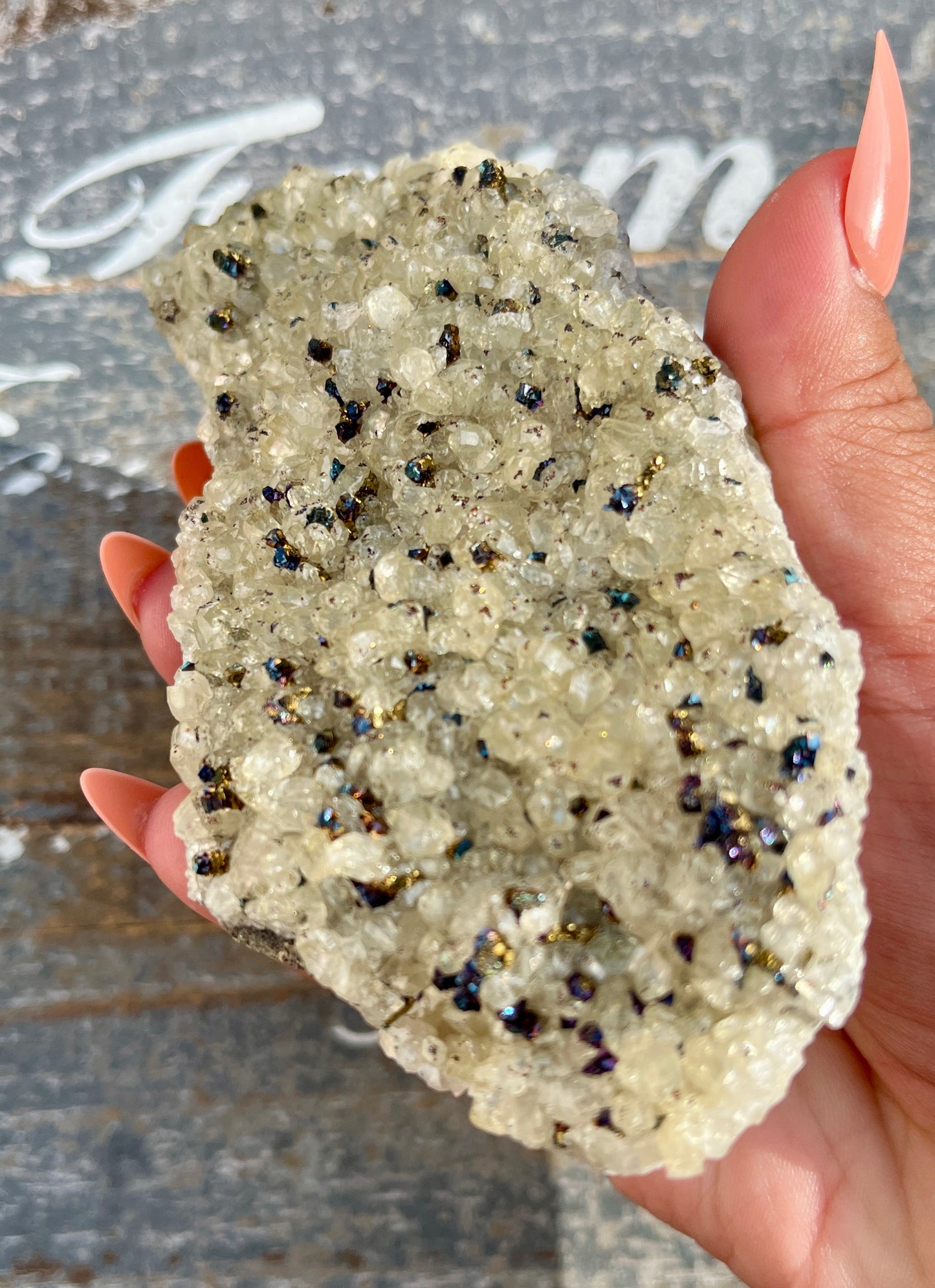 Gorgeous Calcite with Rainbow Chalcopyrite Raw Specimen