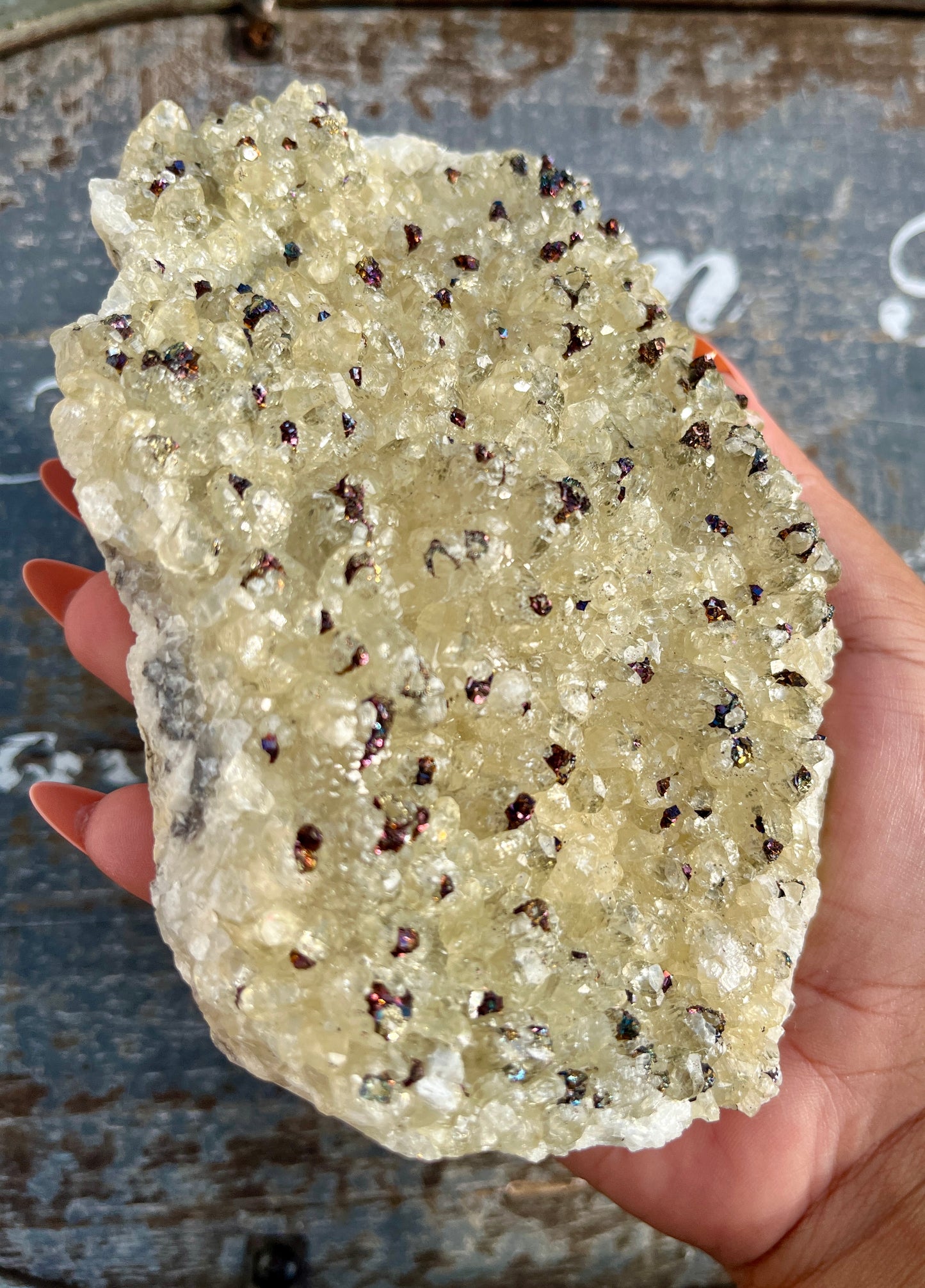 Gorgeous Calcite with Rainbow Chalcopyrite Raw Specimen