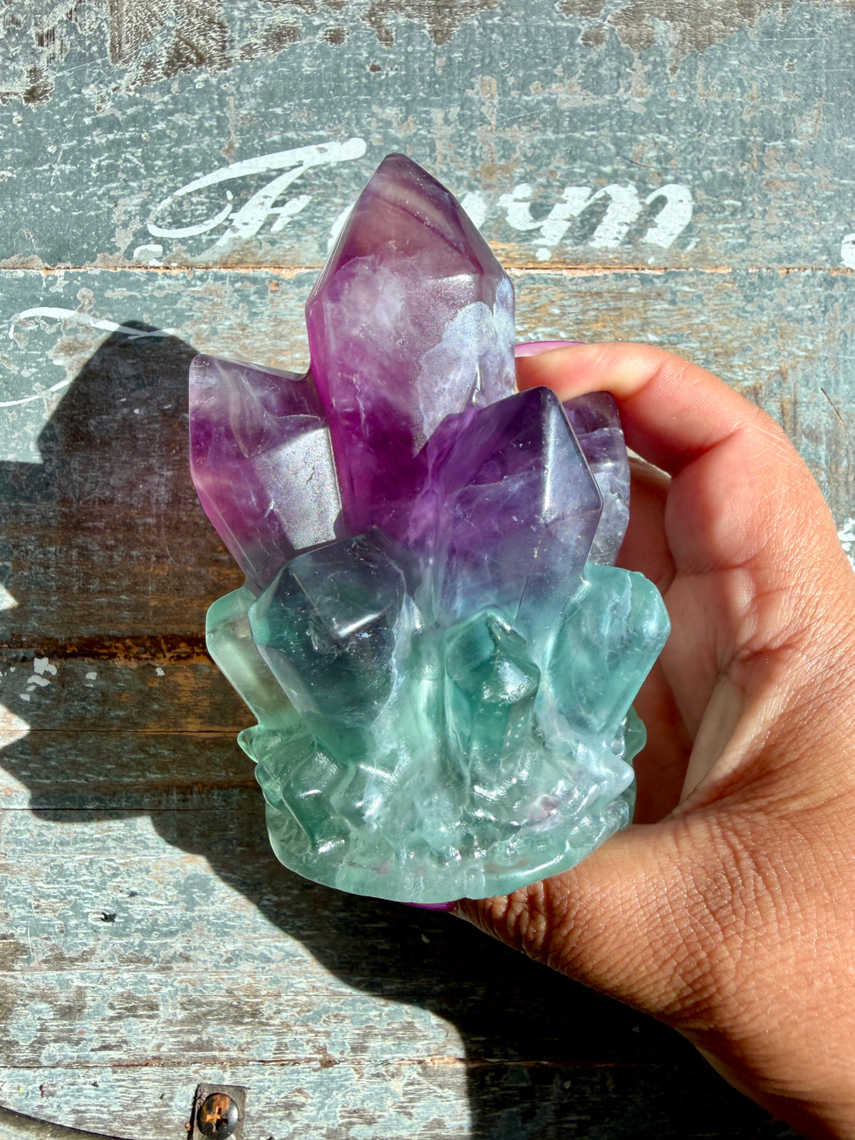 Gorgeous Rainbow Fluorite Carved Crystal Cluster (only one)