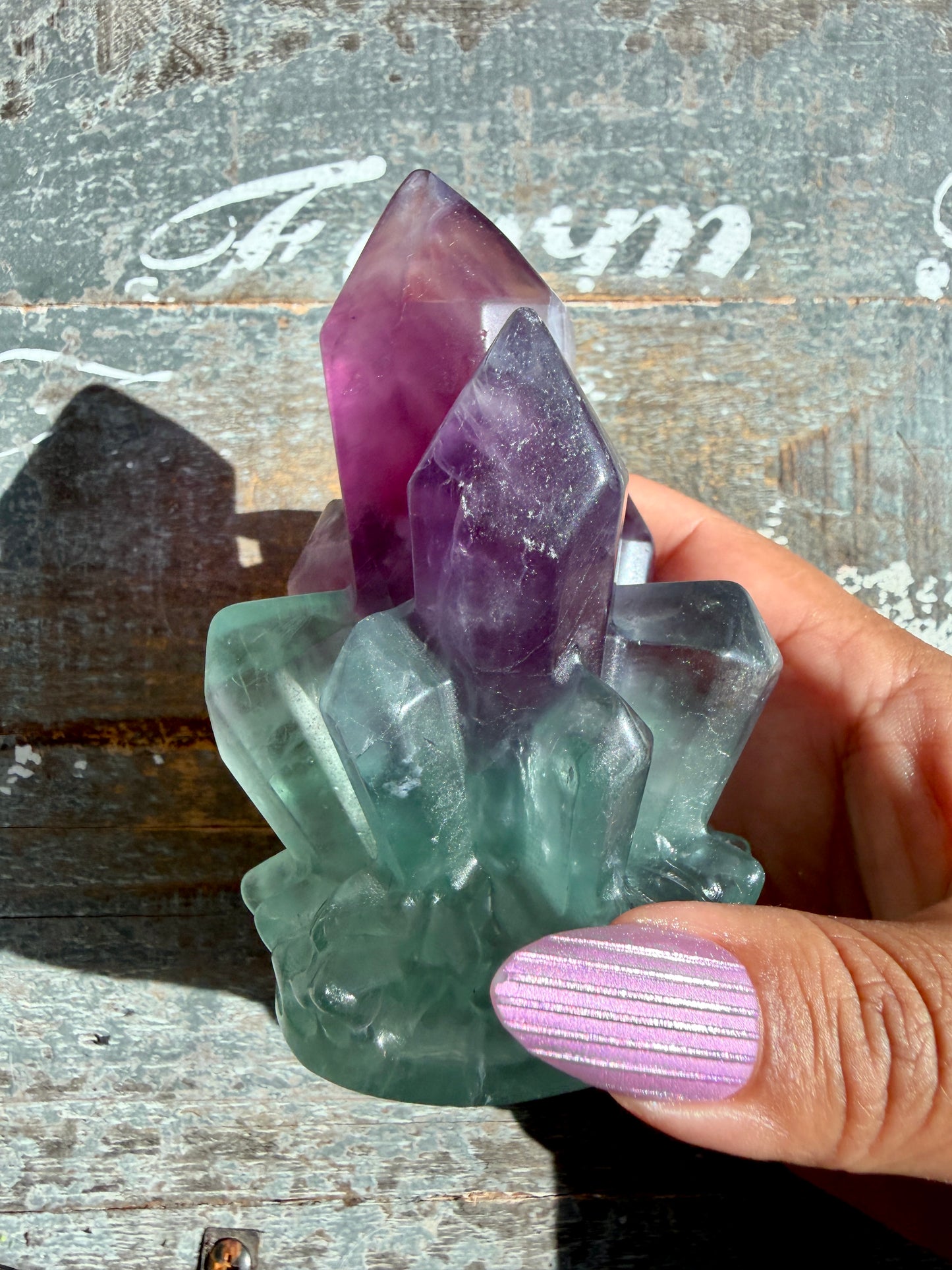 Gorgeous Rainbow Fluorite Carved Crystal Cluster (only one)