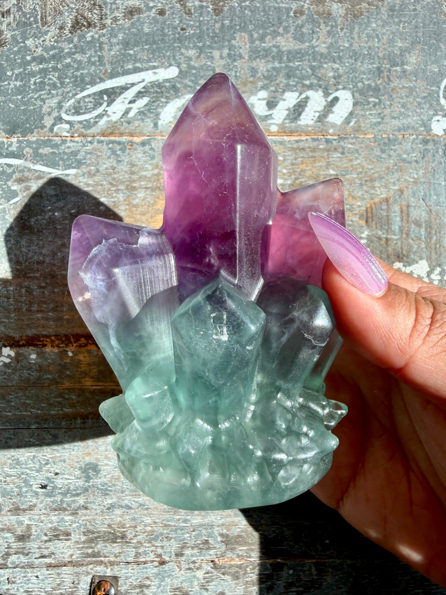 Gorgeous Rainbow Fluorite Carved Crystal Cluster (only one)