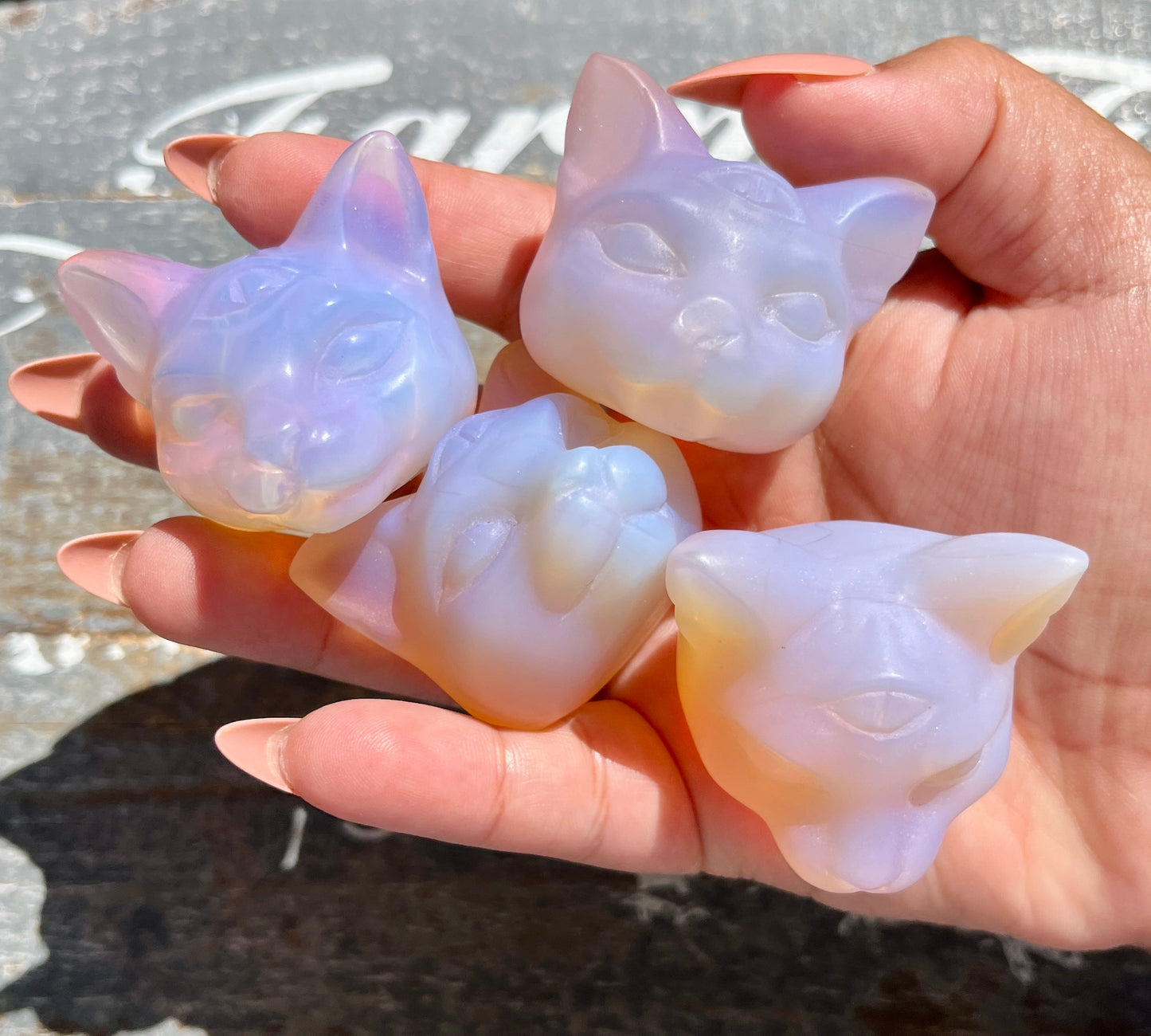 One (1) Pink Opalite Cat Head Carving *man made*