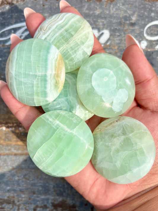 One (1) Pistachio Calcite Medallion | Intuitively Chosen