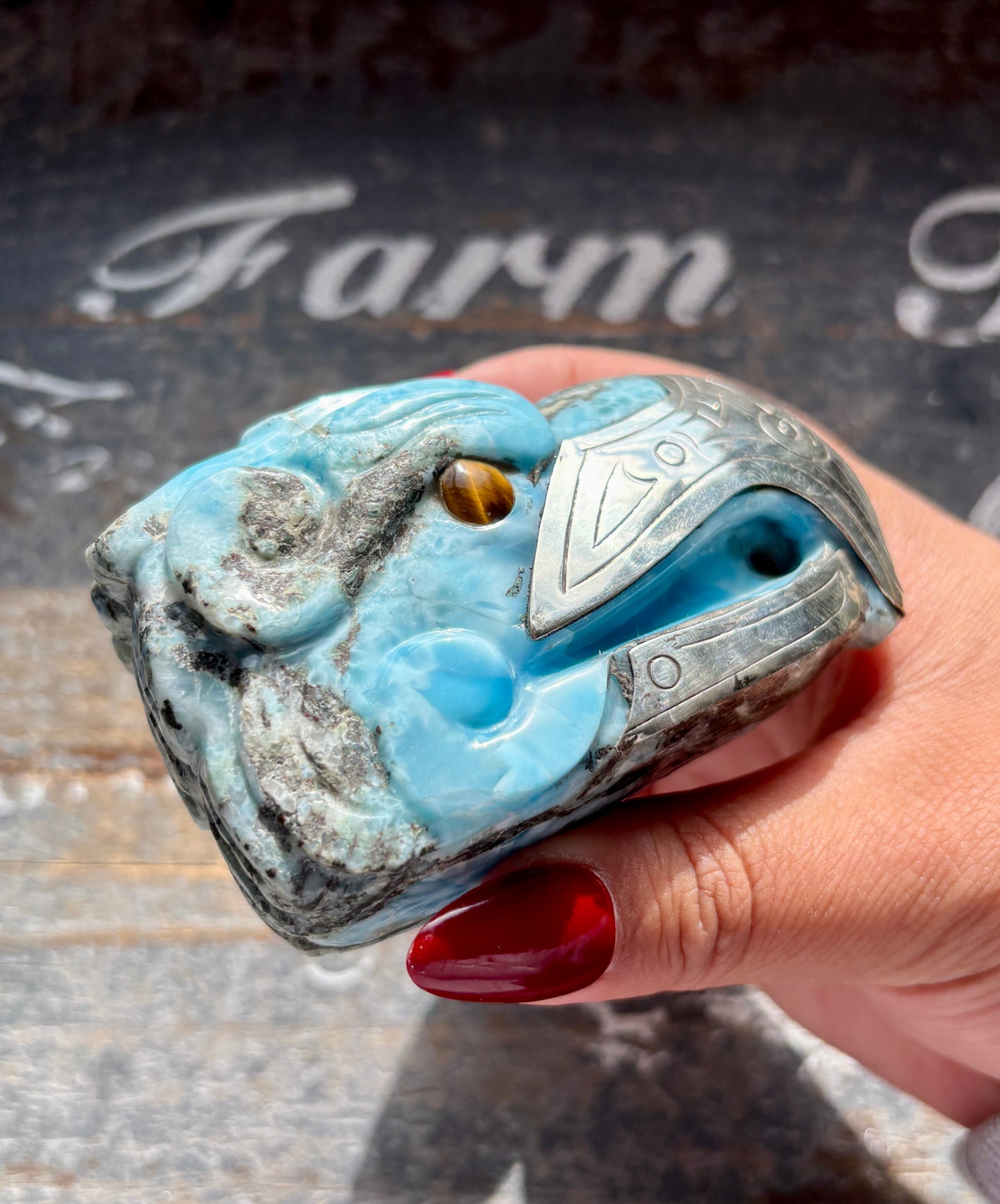 Gorgeous High Grade Larimar Eagle Head with Sterling Silver Beak