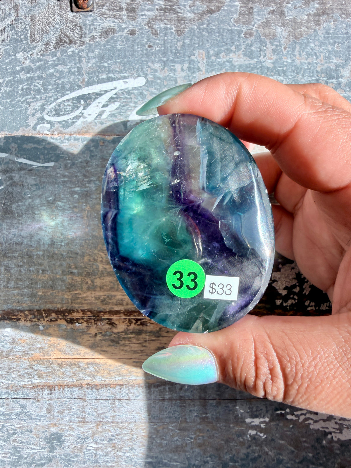 Gorgeous High Quality Rainbow Fluorite Palm Stone | China | Opt 33