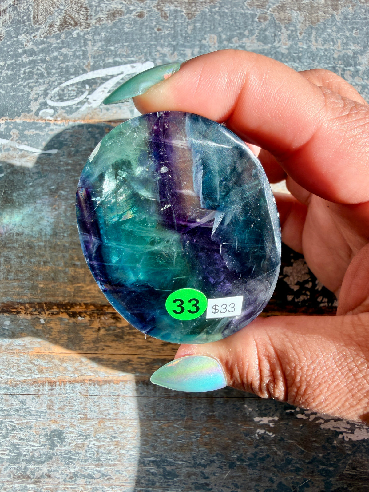Gorgeous High Quality Rainbow Fluorite Palm Stone | China | Opt 33