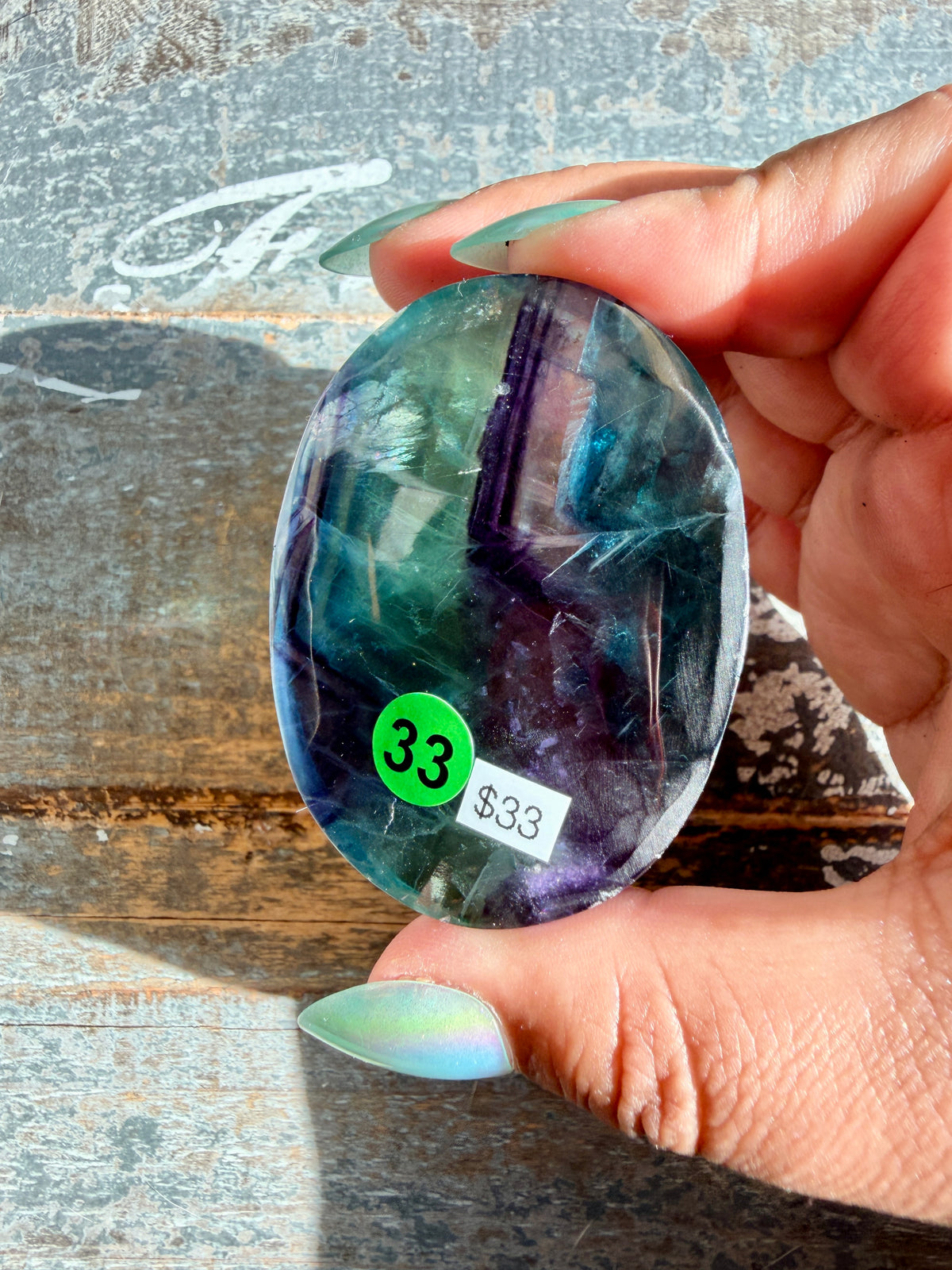 Gorgeous High Quality Rainbow Fluorite Palm Stone | China | Opt 33