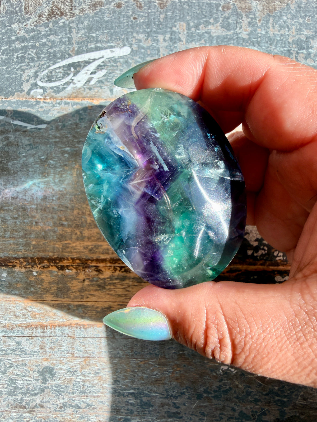 Gorgeous High Quality Rainbow Fluorite Palm Stone | China | Opt 33