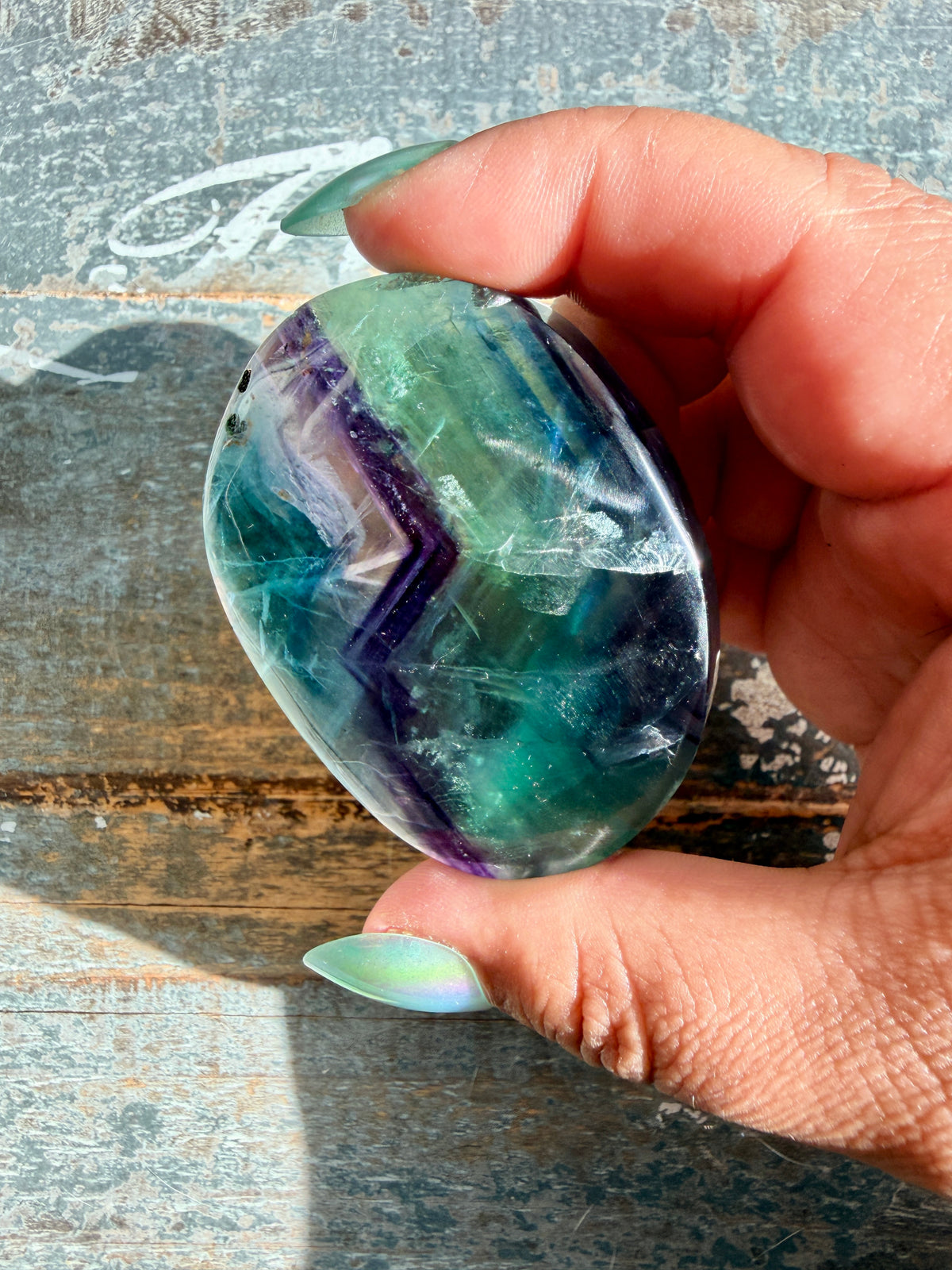 Gorgeous High Quality Rainbow Fluorite Palm Stone | China | Opt 33