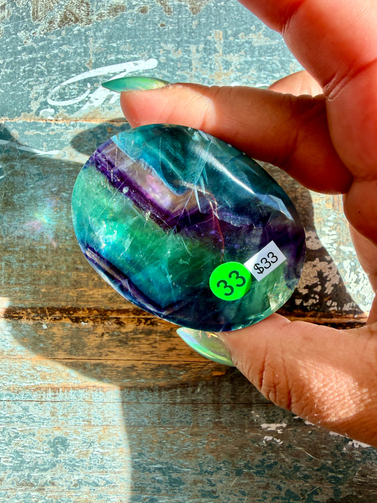 Gorgeous High Quality Rainbow Fluorite Palm Stone | China | Opt 33