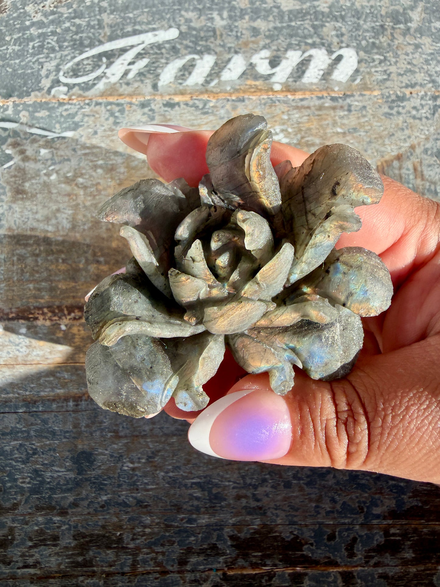 Gorgeous Hand Carved Labradorite Flower Matte Polish | Opt J (self standing)
