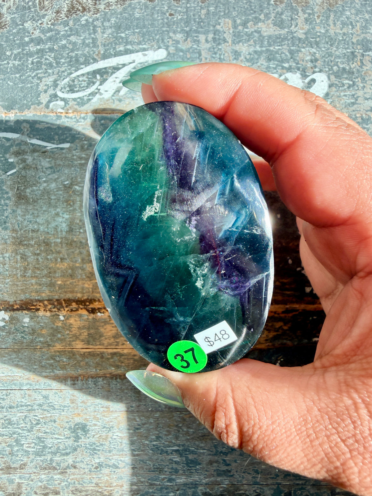 Gorgeous High Quality Rainbow Fluorite Palm Stone | China | Opt 37