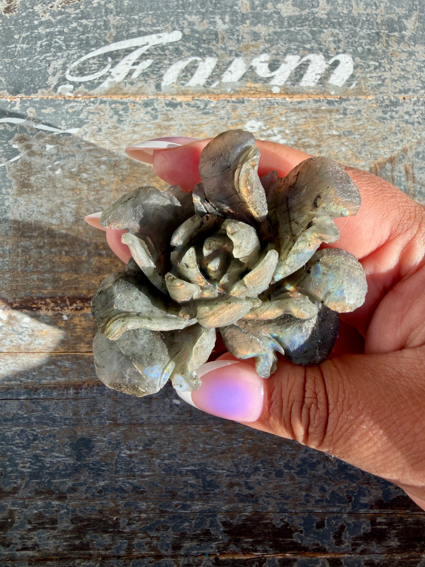 Gorgeous Hand Carved Labradorite Flower Matte Polish | Opt J (self standing)
