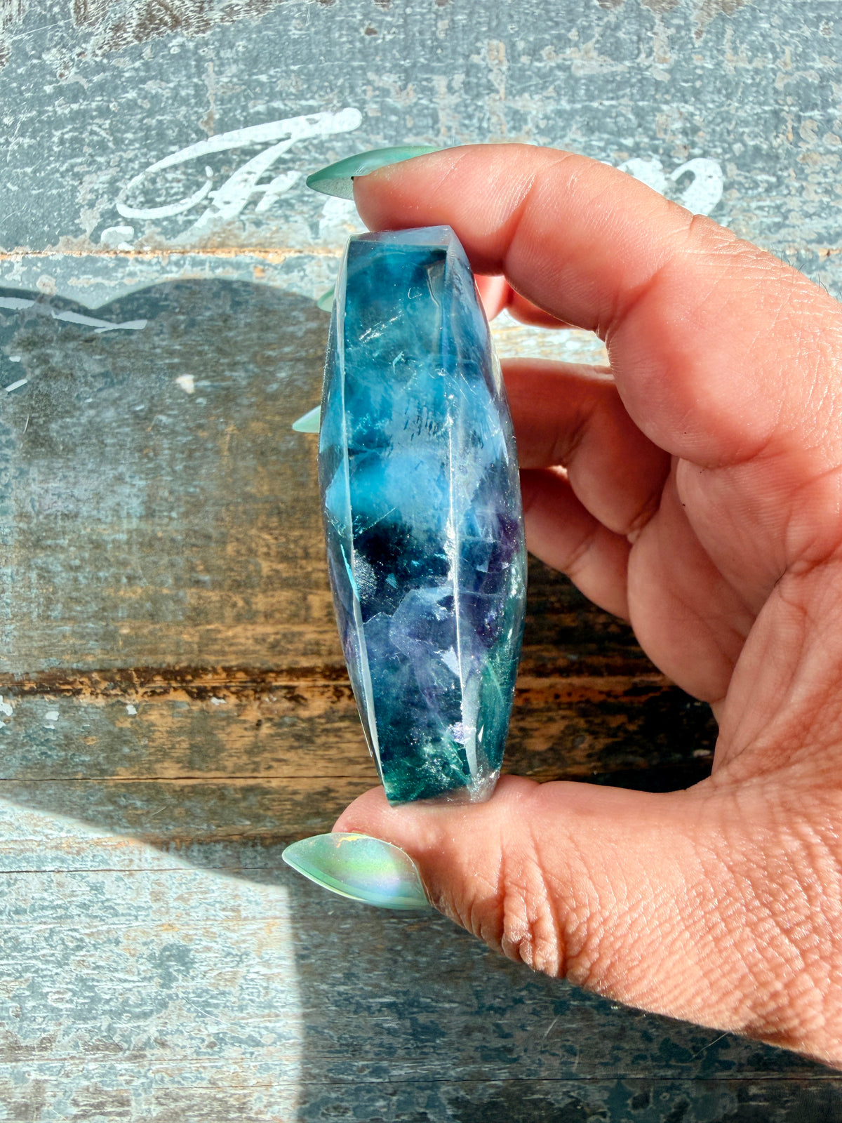 Gorgeous High Quality Rainbow Fluorite Palm Stone | China | Opt 37