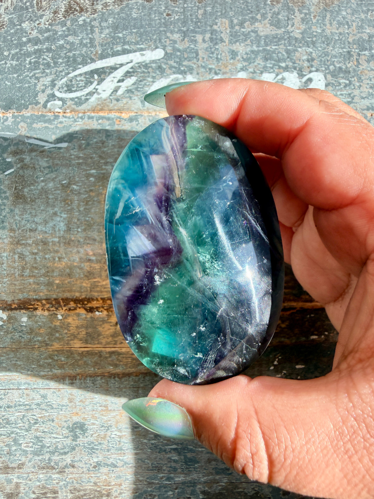 Gorgeous High Quality Rainbow Fluorite Palm Stone | China | Opt 37