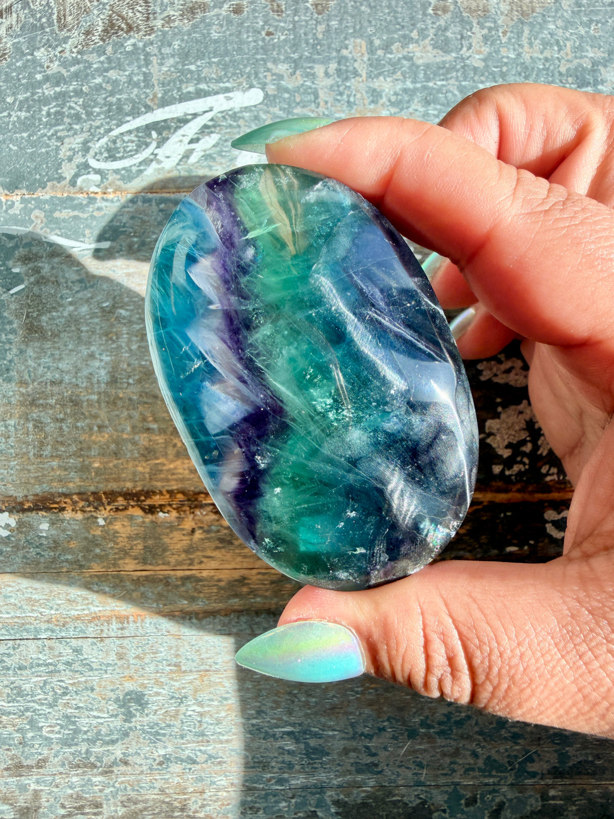 Gorgeous High Quality Rainbow Fluorite Palm Stone | China | Opt 37