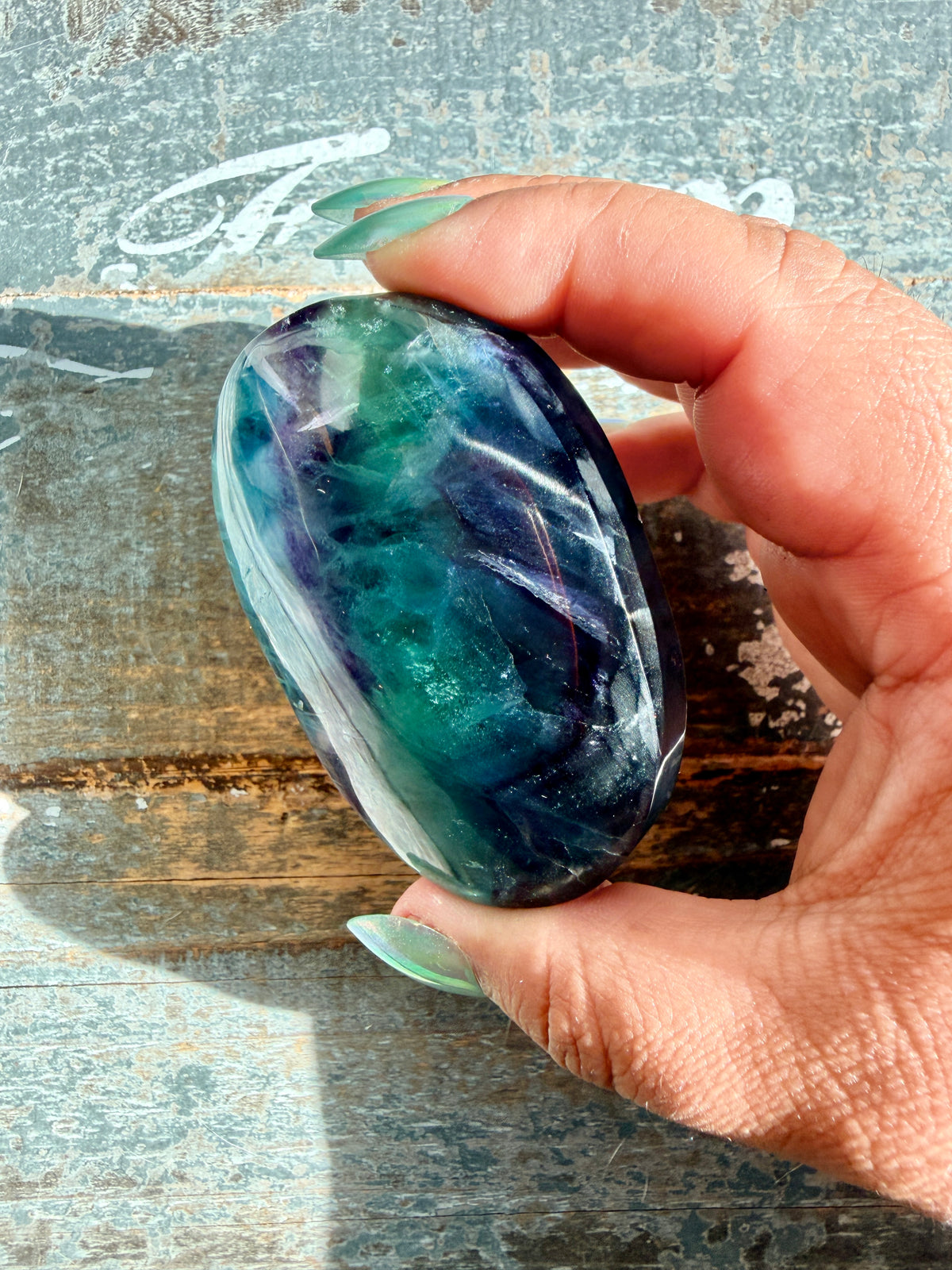 Gorgeous High Quality Rainbow Fluorite Palm Stone | China | Opt 37