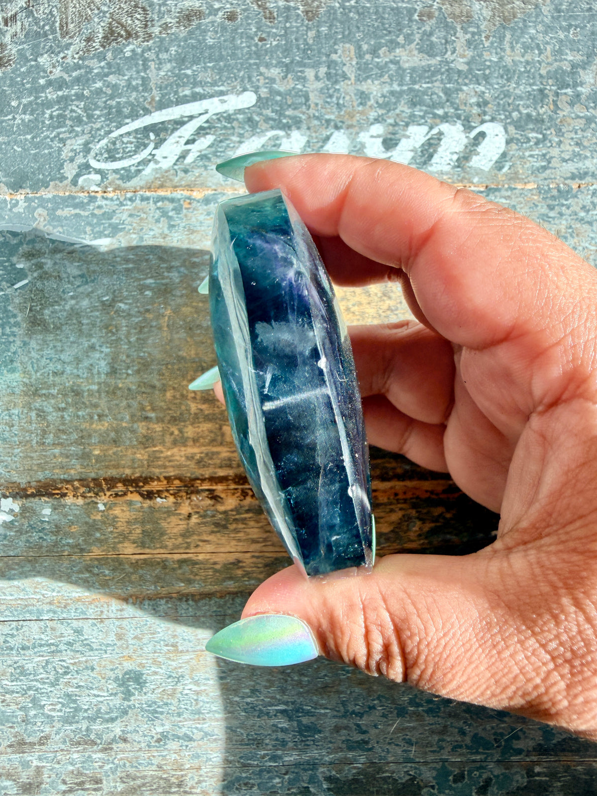 Gorgeous High Quality Rainbow Fluorite Palm Stone | China | Opt 37