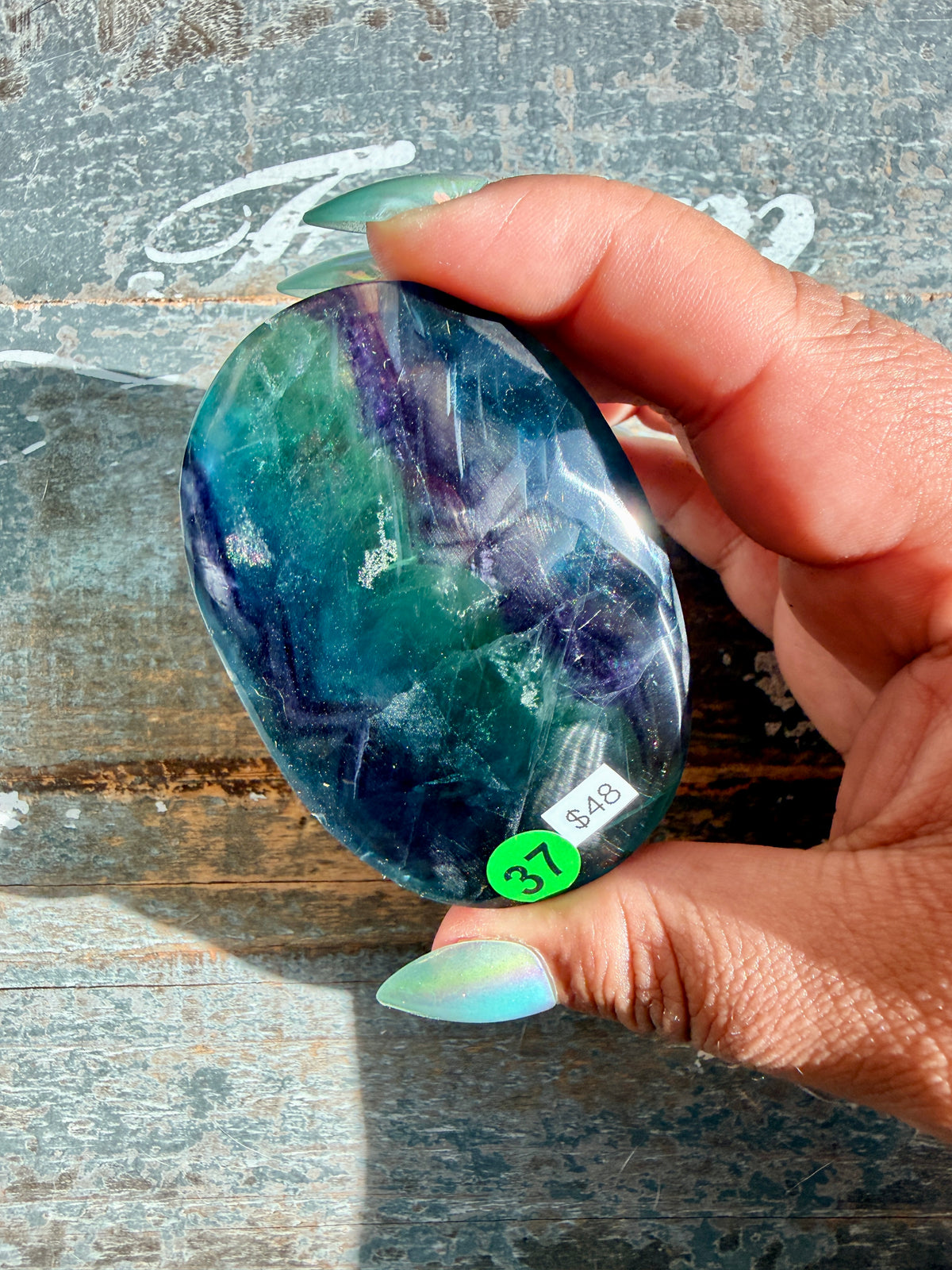 Gorgeous High Quality Rainbow Fluorite Palm Stone | China | Opt 37
