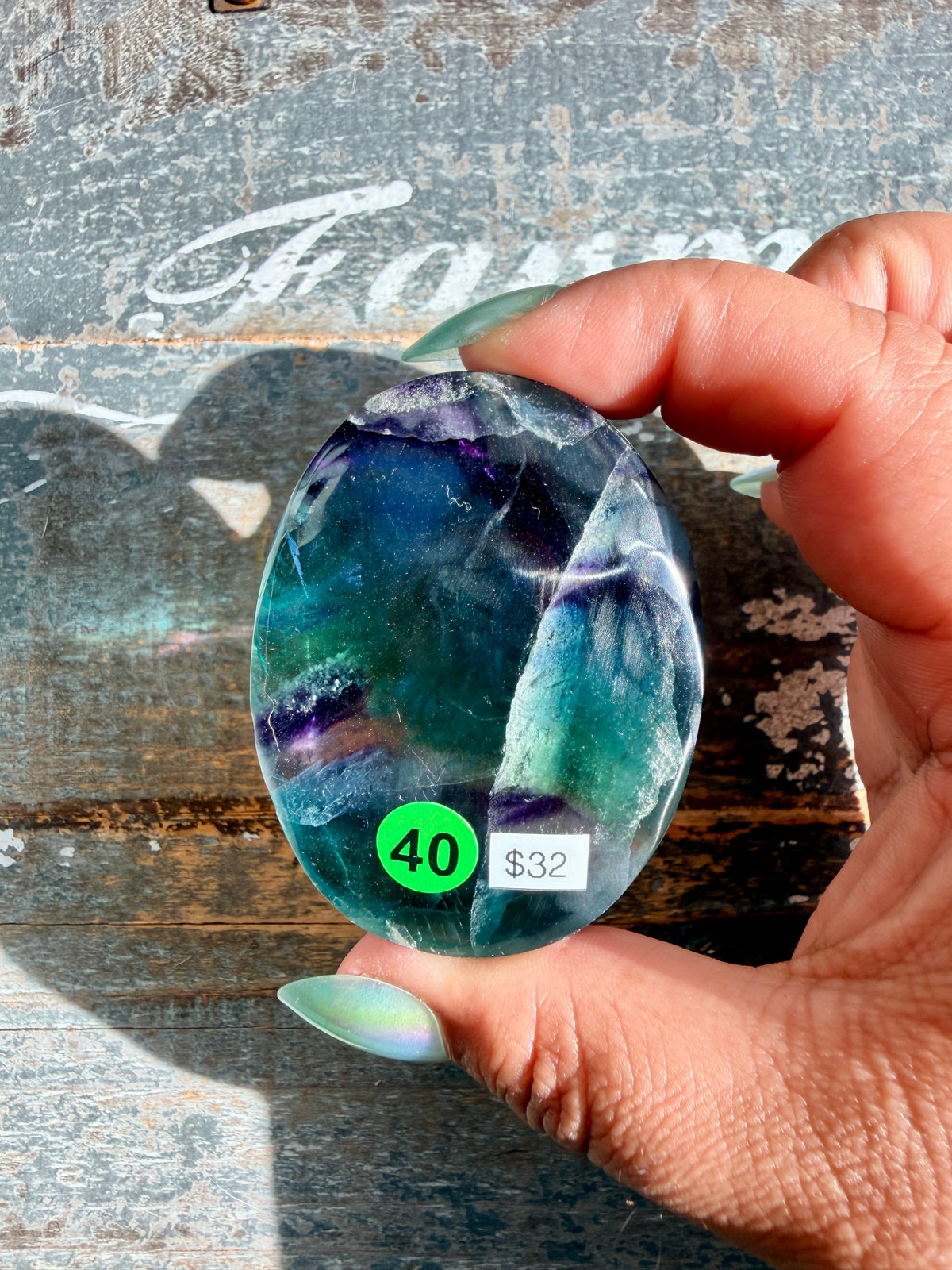 Gorgeous High Quality Rainbow Fluorite Palm Stone | China | Opt 40