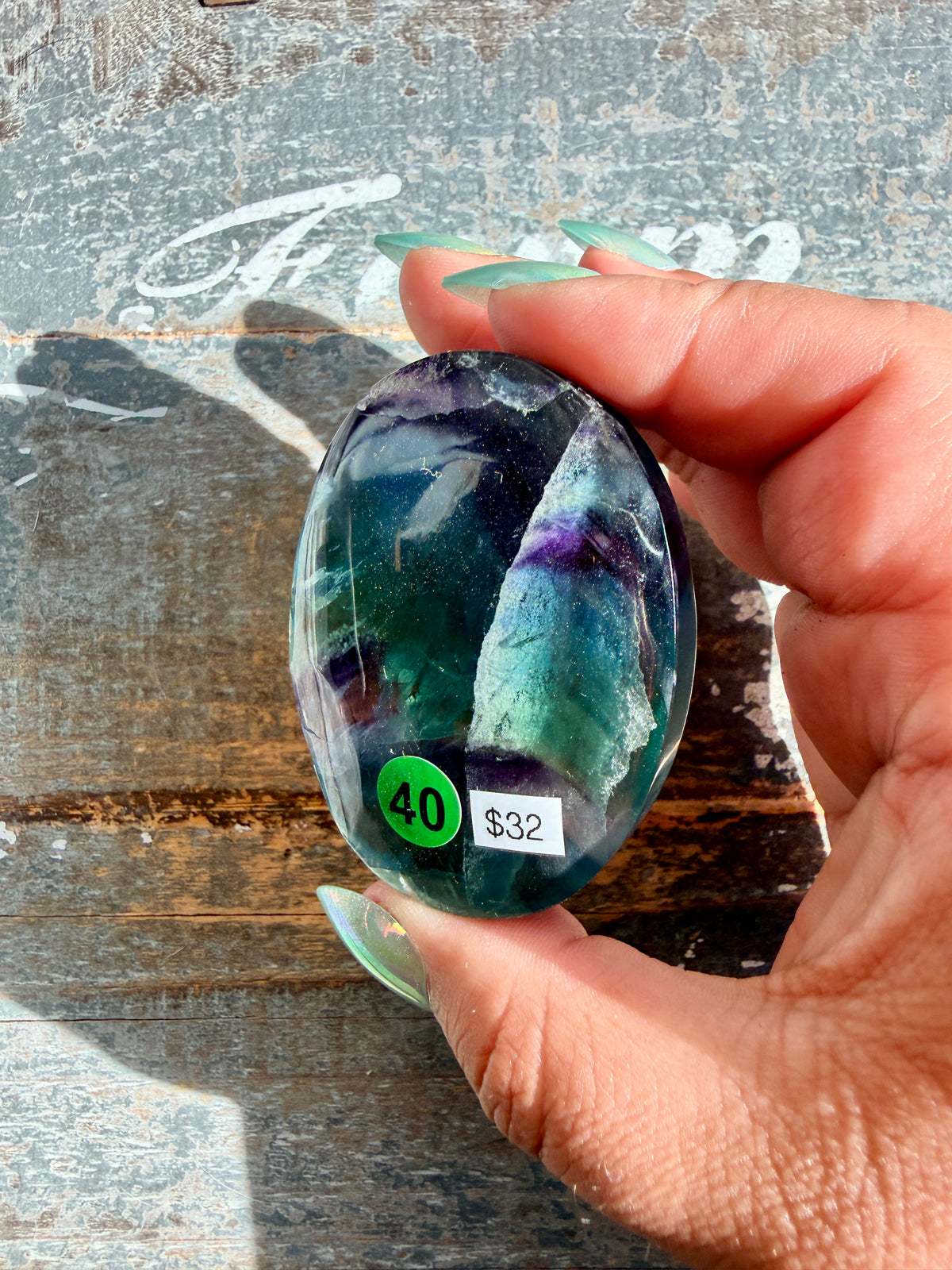 Gorgeous High Quality Rainbow Fluorite Palm Stone | China | Opt 40