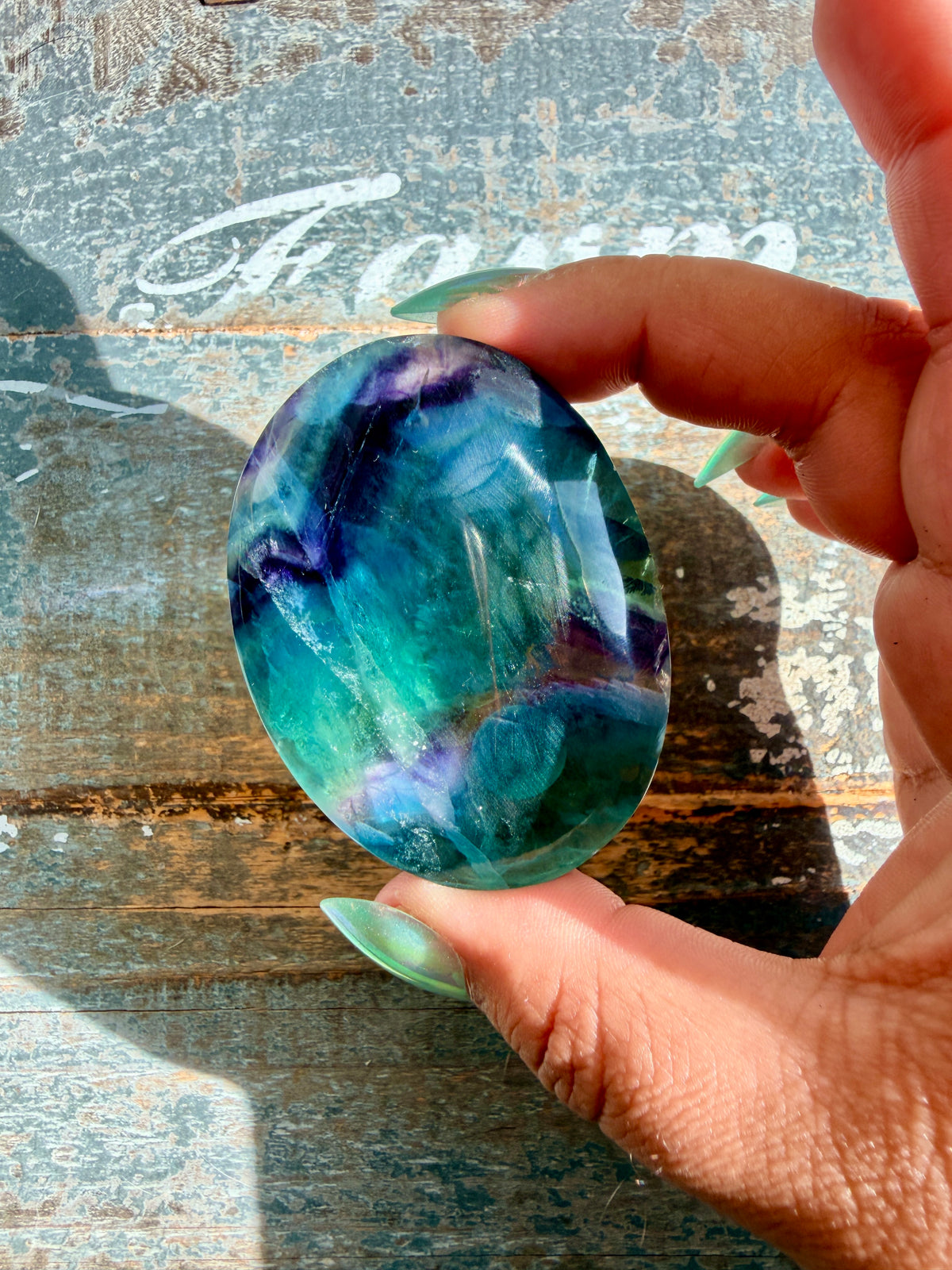 Gorgeous High Quality Rainbow Fluorite Palm Stone | China | Opt 40