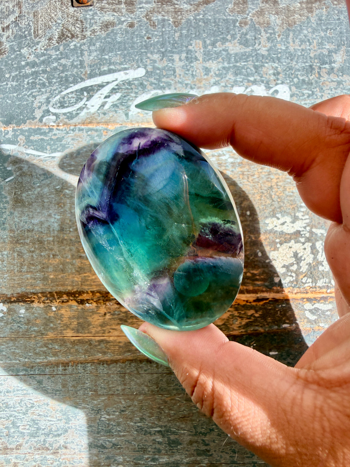 Gorgeous High Quality Rainbow Fluorite Palm Stone | China | Opt 40